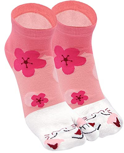 ZFSOCK Donna Tabi Giapponesi Calzini con Alluce Separato, Cotone Calze Flip Flop Infradito Geta, Calze con 2 Dita Calzini alla caviglia con motivo Sakura Gatto fortunato 1 Paio 35-41