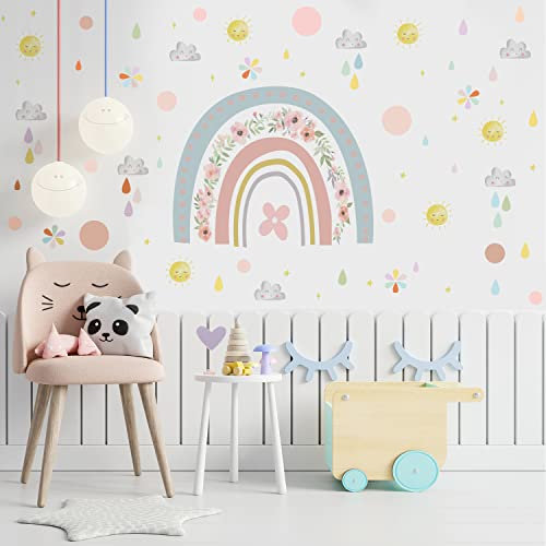 funlife Regenbogen Wandtattoo Blumen, Boho Sonne Selbstklebend Regenbogen Wandaufkleber, Bunte Wandsticker für Kinder Baby Mädchen Jungen Kinderzimmer Deko