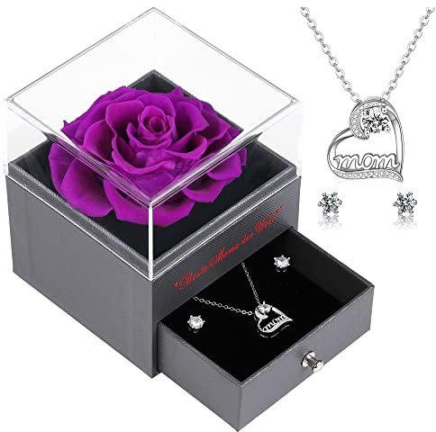 Veroola Konservierte Echte Rose mit Mom Halskette und Ohrringe, Beste Mama der Welt Ewige Rose Blumen Geschenke für Mama, Weihnachten Muttertag Valentinstag Geburtstag Mom Geschenke.Lila
