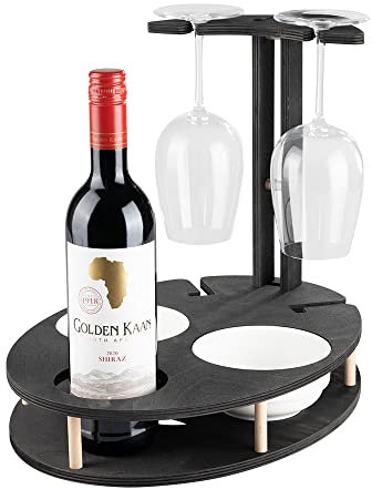 INEXTERIOR WeinBar Plus - Tablett für Wein und Snacks - mit Weinglashalter für ansprechende Präsentation - Weinregal Wein Glas Ständer Halter Bar Couch Butler Organizer Sofaablage (schwarz)