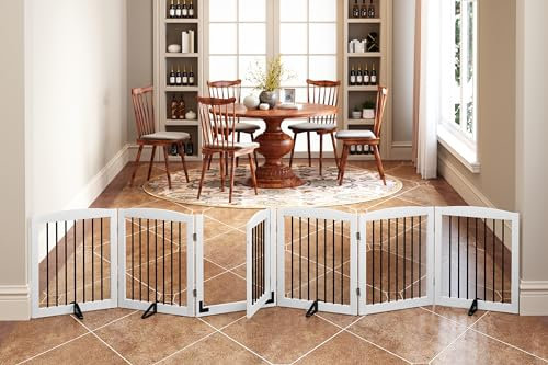 PUPETPO Freestanding Pet Gates with Walk Through Door, Dog Indoor Fence, Dog Gate for The House, Stairs, Extra Wide Pet Gate, Support Feet Included, 120 Inch Wide, 6 Panels 24 Tall, White & Black