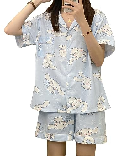 WANHONGYUE Kawaii Cartoon Pyjamas Damen Mädchen Sleepwear Loungewear Short Pyjama Set Anime Short Sleeve Shirt and Shorts 2 Piece Leisure Suit Blau-1 M