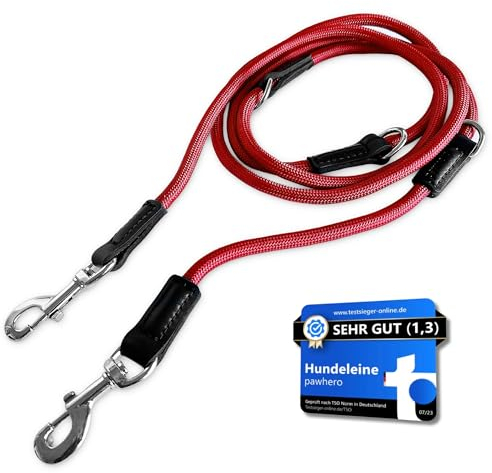 pawhero® Hundeleine verstellbar für große & mittelgroße Hunde | 2,5 Meter | 5-Fach Längenverstellbar | Nylon Führleine & Umhängeleine | Runde Doppelleine mit 2 Karabiner | Rot