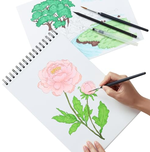 int!rend Aquarellpapier A4 300 g/m² 30 Seiten - Aquarellblock Malpapier Malvorlage mit 2 Pinseln, Wassertankpinsel & Bleistift - Watercolor Paper