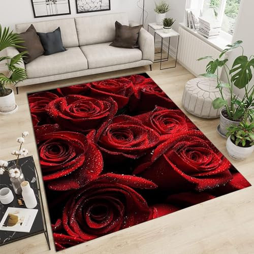 BEIGGA Grand tapis d'intérieur moderne et élégant avec motif rose rouge 3D, motif floral romantique, antidérapant, lavable en machine, respirant et durable, pour décoration de sol d'entrée avant, 180