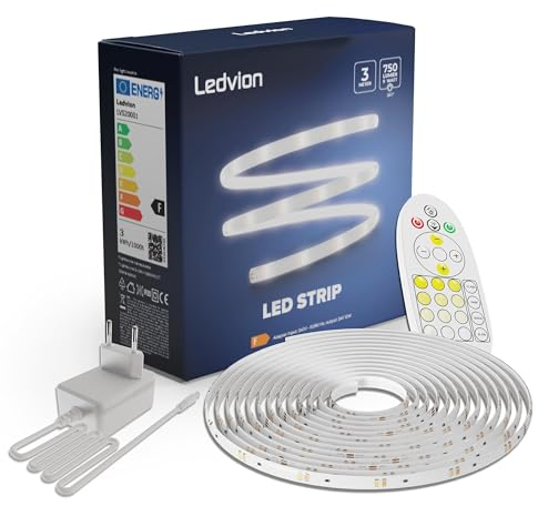 Ledvion - LED-Strip Regulable 3M, CCT 3000K-6500K, 12V, 9W, Incluye control remoto, 60 LED's/m, ajustable a 20cm