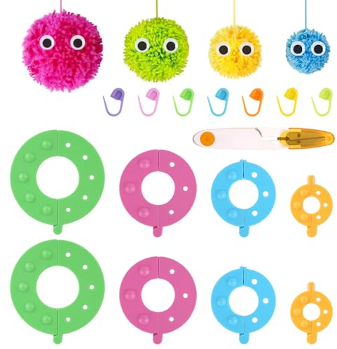 jwogngls Pompom Makers,6 Größen Pompon-Gerät+12 Farben Wolle Weaver Nadel Pompom Maker Sets,Pompons Machen, DIY Pompoms Handwerk Puppe Making Kits, Pom-Pom Maker Knitting Loom