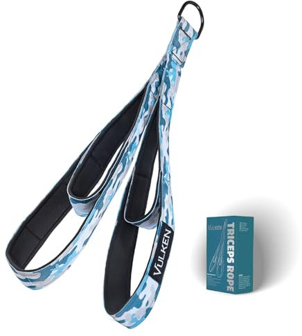 Vulken triceps rope cable attachment, 61 and 47 cm, two lengths built into one pull-down rope, triceps extension bands, fitness equipment, resistance band training handles, blue camouflage