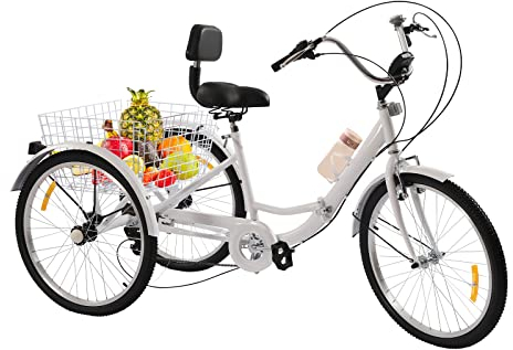EurHomePlus 24 Zoll Dreirad für Erwachsene 7-Gang 3-Räder Fahrrad mit Einkaufskorb und LED Licht für ältere Menschen zur Erholung usw (Weiß)