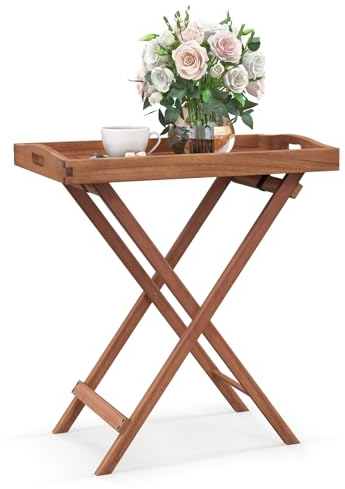 GOPLUS Gartentisch klein, Beistelltisch Outdoor aus Akazienholz, Kaffeetisch, Balkontisch wetterfest, Bistrotisch, Platzsparend für Wohnzimmer Schlafzimmer, Terrasse Hof & Garten (mit Tablett)