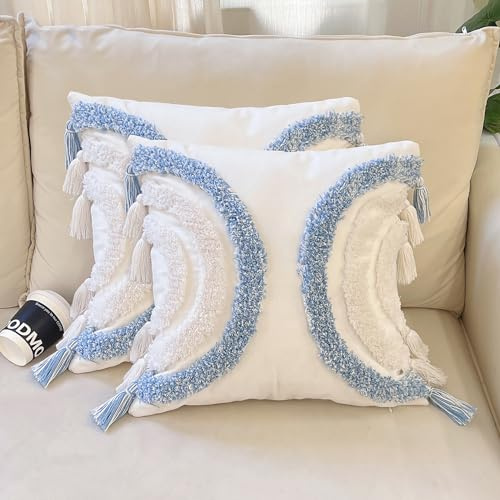 PLWORLD Boho-Kissenbezüge, getuftet, halbmondförmig, gemütlich, böhmisch, halbrund, quadratisch, dekorative Kissenbezüge mit Quasten für Couch, Sofa, Heimdekoration, 2 Packungen ohne Füllung, Blau /