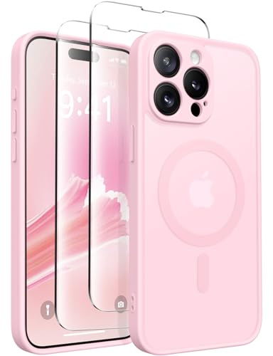 CAPRARO für iPhone 15 Pro Case, Kompatibel mit MagSafe | Verbessert [Vollständiger Kameraschutz] Schutzhülle für Frauen und Mädchen, Durchscheinend, Matt, Pastell Rosa