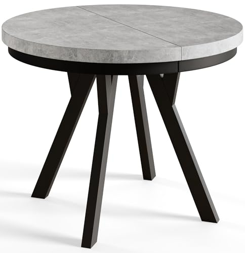 AlpiMeble Runder Esszimmertisch EVO, ausziehbarer Tisch Durchmesser: 80 cm bis 130 cm, Wohnzimmertisch Farbe: Grau, mit Holzbeinen in Farbe Schwarz