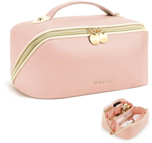 Prite Grande Capacité Trousse de Maquillage pour Femme Trousse de Toilette en Cuir PU Vanity Imperméable pour Voyage avec Séparateur Transparent et Poignée (Rose)