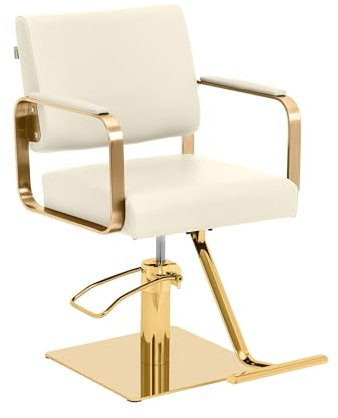 Physa Friseurstuhl mit Fußstütze Creme/golden 50-66 cm höhenverstellbar 360° drehbar Konstruktion aus Edelstahl mit großer Basis Barberstuhl Friseursessel