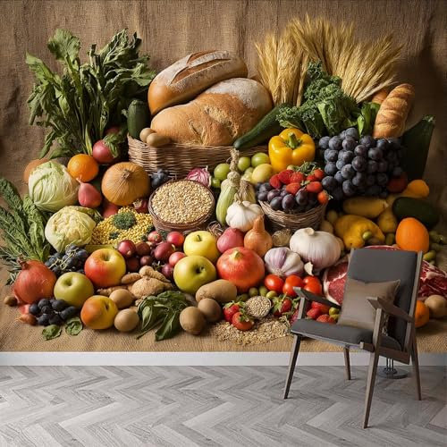 Wandtapete Lebensmittel Obst Gemüse Brot Fototapete, Obst Müsli Tapeten Wandtapete, 300 x 210 cm (B x H) Wanddeko Tapete Design Wand Dekoration Tapete Wohnzimmer Schlafzimmer Büro