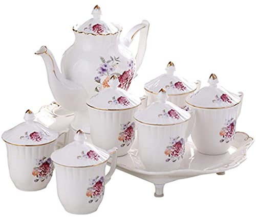 YBVBCXCB Tea Set Teacup Set Flower Porcelain Coffee Tea Set,One Piece Large Tea Pot,6 Coffee Cups with Tray Household European Bone Porcelain Teaware