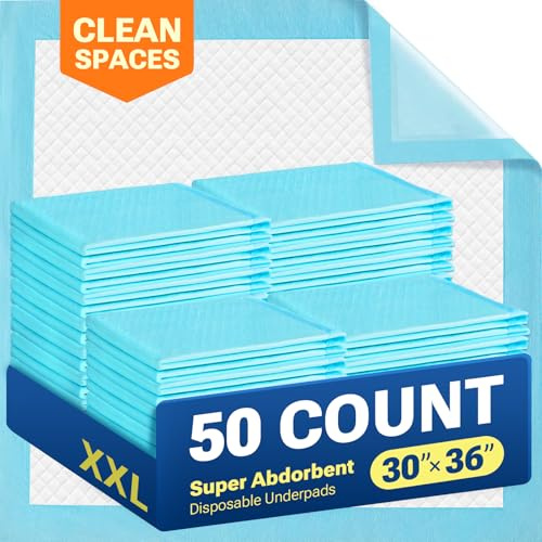 CLEAN SPACES 30 x 36 50 Count Super Absorbency Disposable Bed Pads for Adults, Leakproof Quick Drying Underpads for Adults Baby Puppy, Incontinence Pads, Puppy Pad Dog Training Pee Pads
