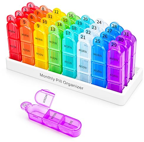 Cruxer 1 Month Pill Box Organiser 3 Times a Day Medicine Storage Box, Daily Medication Tablet Organizer Moisture-Proof BPA Free Travel Dosette Box Dispenser Case to Hold Vitamins, Fish Oil, Supplement