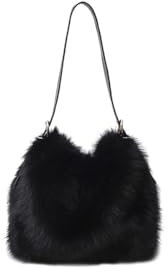 Ulisty Damen Klein Kunstfell Fuchs Pelz Hobo Tasche Pelzig Verstellbarer Riemen Schultertasche Plüsch Geldbeutel Mode Handtasche schwarz