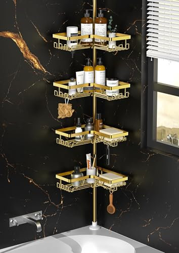 Kegii Telescopic Shower Caddy Gold - 4-Tier Corner Shower Shelf No Drilling Bathroom Organiser with Soap Holder and Hooks, Stainless Steel