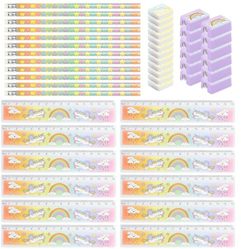 com-four® 48-teiliges Kinder-Schreibset Einhorn - Schulutensilien mit Bleistift, Lineal, Anspitzer und Radiergummi für 12 Kinder - Mitgebsel Schreibwaren bei Kindergeburtstag (48-teilig - Einhorn)
