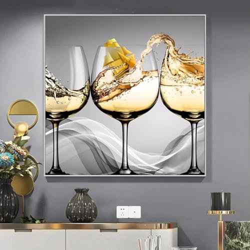 LZJAGXX Impression sur toile représentant un verre à vin avec un bateau doré, décoration murale moderne pour la maison, la salle à manger et la cuisine, 65 x 65 cm, sans cadre