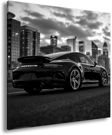 deyoli Schwarzer Porsche vor Skyline – elegant, schnell, urban. Format: 40x40cm Effekt:Schwarz&Weiß XXL Kunstdruck Motiv auf Holzrahmen/Leinwandbild/Wandbild/Wohnzimmer Dekoration