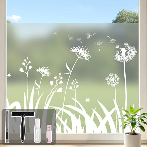 Conkov Fensterfolie Löwenzahn Matte Sichtschutzfolie 90 x 200 cm | Transluzent Vinyl Selbstklebend UV-Schutz Anti Glare Sichtschutz Dekorative Glasfolie Küche Wohnzimmer Bad Mit Werkzeug