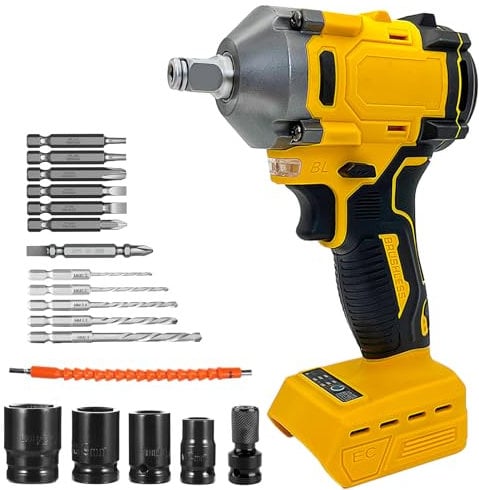 Cordless Impact Wrench for Dewalt 20V Battery,Max Torque 520N.m,1/2 Brushless Impact Gun with 18pcs Accessories,for Car Tire DIY Craft (No Battery)