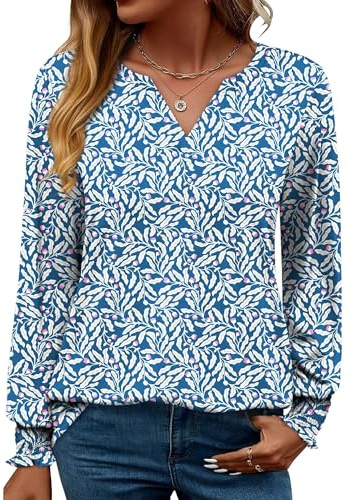 Rapbin Blusa de manga larga para mujer, elegante, holgada, cuello en V, camiseta informal, túnica de otoño