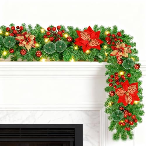 Ghirlanda natalizia con luci, 2,7M ghirlanda natalizia con fiori e palline, palline di Natale, decorazioni natalizie per porte, finestre, camino, scale, cortili, interni ed esterni (rosso)