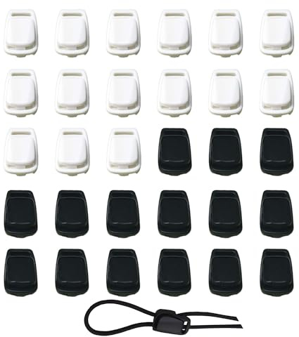 TUKEVA 30 Stück Kordelstopper 2 Loch Federschnur Schlösser Kunststoff Rutschen Kordelklemme Kordelstopper aus Kunststoff mit Doppelloch für Kordeln,Band Klemme Bekleidung,Rucksack (Schwarz Weiß, M)