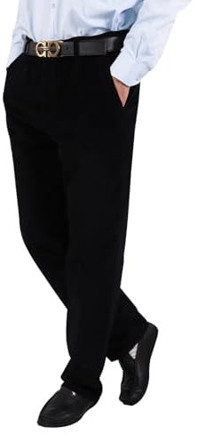Mens Cotton Corduroy Trousers Smart Formal Office Pants with Stretch Comfort Straight Leg Elastic Waist & Multiple Pockets for Business Casual Workwear (UK, Alpha, XL, Regular, Regular, Black)