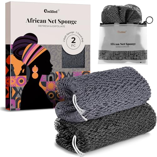 CORATED 2 Piezas de Red Exfoliante Africana, Esponja de Red para Baño, Esfregador para la Espalda, para Limpieza Facial y Corporal en Ducha y SPA (Negro y Gris)