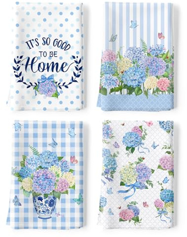 Arquiel Hydrangea Tea Towels 100% Cotton Quick Dry Garden Flowers Kitchen Towels, 48 x 70 cm Absorbent Dish Cloth for Kitchen Home Decor, Housewarming, Birthday Gifts for Women, Set of 4