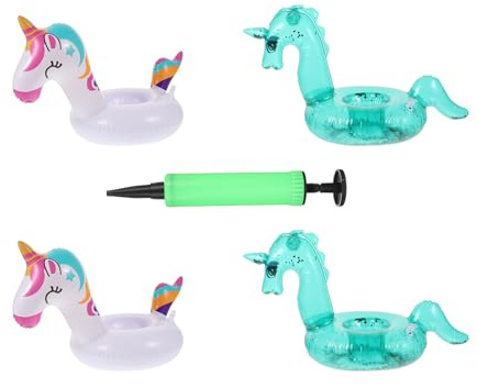 Veemoon Portavasos Inflables de PVC para Piscina 5 Piezas con Diseño de Unicornio y Arcoíris, Soporte Flotante para Bebidas con Inflador, Adecuado para Fiestas en Piscina y Reutilizable