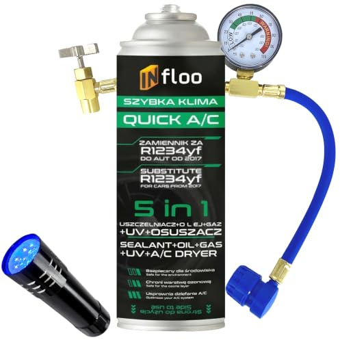 INfloo Quick A/C Sustituto de R1234yf 5 en 1 205 g | Gas + Aceite + Sellador + Tinte UV + Desecante | Kit Aire Acondicionado Coche con Manguera Manómetro LP, Linterna UV y Guantes