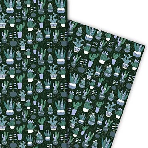 Kartenkaufrausch Nettes Kaktus Geschenkpapier Set mit Kakteen als edle Geschenk Verpackung, Designpapier, scrapbooking 32 x 48cm, Dekorpapier, Musterpapier zum Einpacken, auf grün