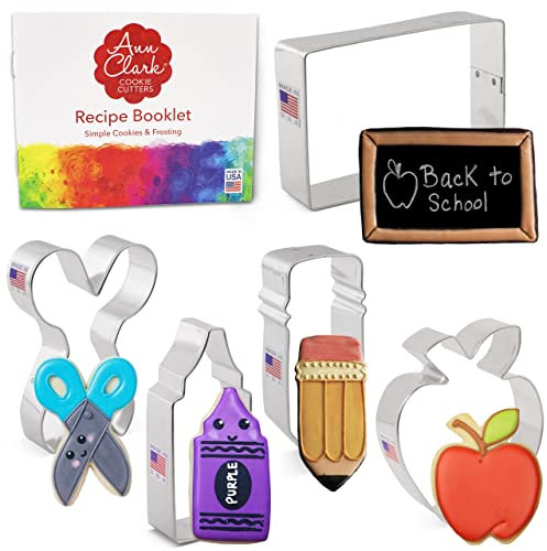 Ann Clark Cookie Cutters Juego de 5 cortadores de galletas vuelta al cole/agradecimiento a los maestros con libro de recetas, lápiz, tijeras, manzana, cera y rectángulo