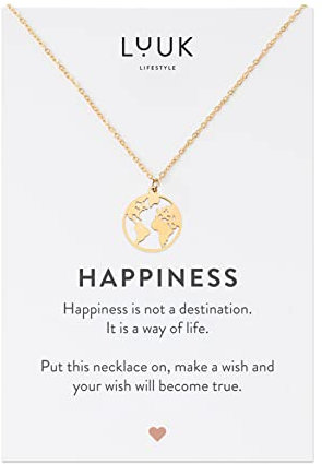 LUUK LIFESTYLE Wasserfeste Edelstahl Halskette mit Anhänger, moderner Schmuck, Geschenkidee für Damen, Glücksbringer für Frauen, feminin & filigran, Kette mit Weltkarte I Weltkugel, gold