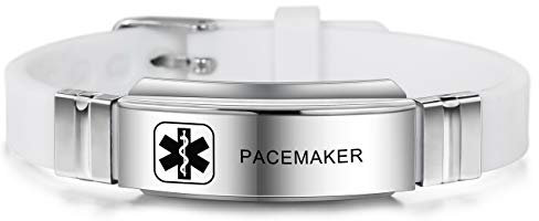 MOWOM Medical Bracelet Personnalisé Gravé Silicone Réglable Sport ID Alerte d’Identification pour Hommes Femmes Enfants en Acier Inoxydable（Blanc, Pacemaker）