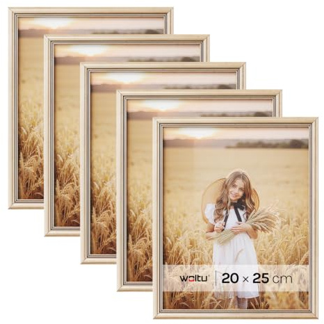 WOLTU Bilderrahmen 20x25, 5er set, Massivholz Fotorahmen mit Passepartout | Gold, Front aus PS-Platte, Posterrahmen zum vertikalen oder horizontalen Aufhängen und Aufstellen, Collage Wanddeko