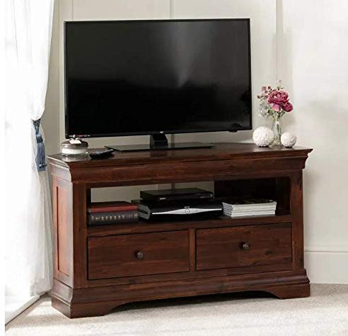 The Furniture Market French Hardwood Mahogany Stained Corner TV Unit - to fit TVs up to 44 - Solid Acacia Wood, Rich Mahogany Finish, Timeless French Design - H 655mm x W 1150mm x D 500mm