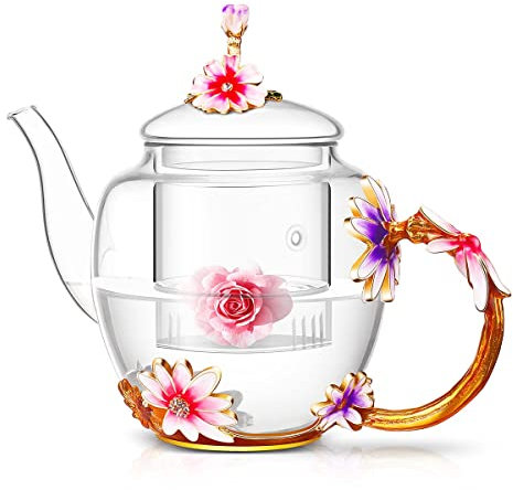 Luka Tech Handmade Enamel Butterfly Flower Glass Coffee Mugs Tea Cup with Spoon, Birthday Gifts for Her Women Mum Friends Mothers Day (Tea Pot)