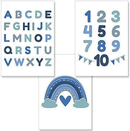 PREMYO Bilder Kinderzimmer Deko Jungen - Alphabet ABC Poster Set Babyzimmer - Wandbilder Schlafzimmer Regenbogen Blau A4
