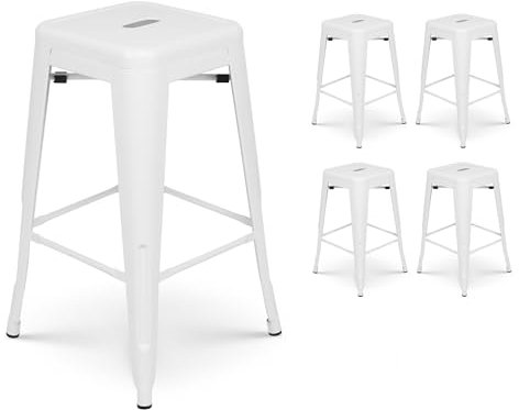 Kosmi - Set mit 4 Barhockern aus mattem Weißmetall, mittelhoher Hocker 66 cm, ideal für einen 90 cm Tisch