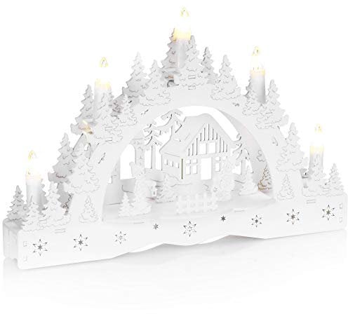 com-four® LED Kerzenbrücke, Schwibbogen als Weihnachtsbeleuchtung - Winterlandschaft aus Holz mit 5 LEDs - dekorativer Lichterbogen Holz-Pyramide [Auswahl variiert] (01 Stück - 5 LEDs)