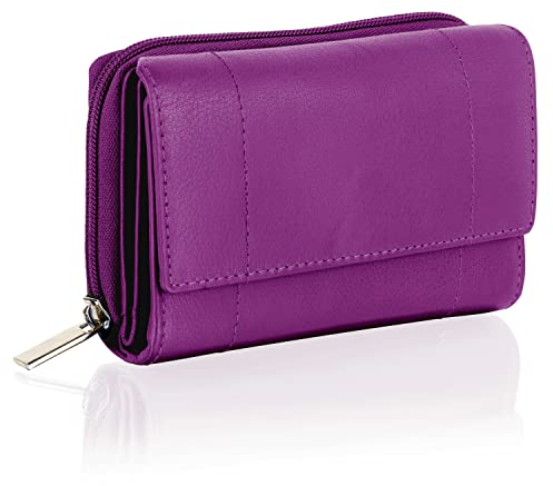 Woodland Leather Porte-Monnaie pour Femme, Petit Porte-Monnaie Protégé RFID en Cuir Véritable avec Poches Zippées pour Cartes et Pièces, Violet