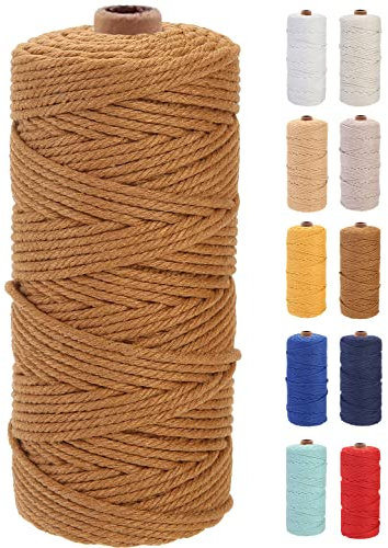 GOHOF Macrame Cord 3mm x 100m Premium Cotton Macrame Rope, 4 Strand Twisted Soft Cotton Cord, One of The Most Perfect Materials for Macrame Art, Cotton String Without Chemicals (Caramel Colour)